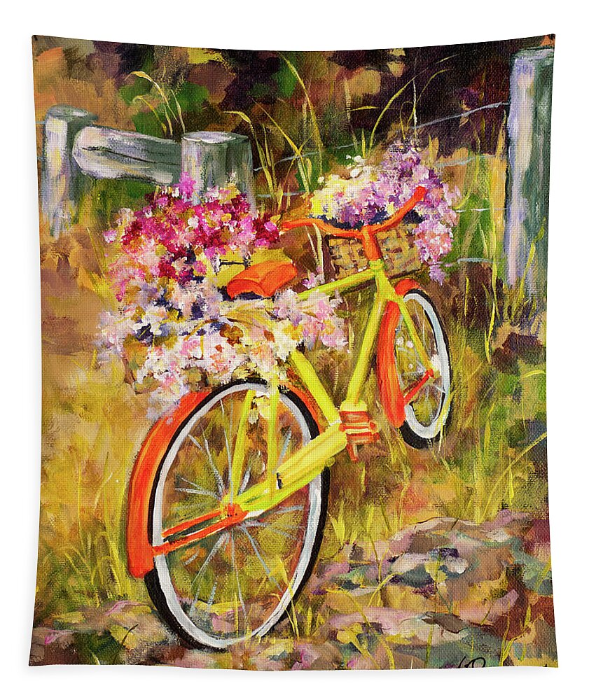 Bicycle Tapestry featuring the mixed media Bicycle with Flower Baskets #1 by Wendy Provins