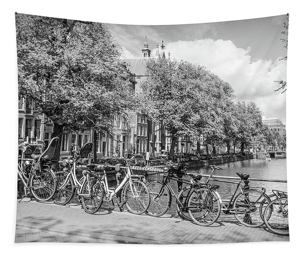 Amsterdam Tapestry featuring the photograph Bicycles Along the Canals in Black and White by Debra and Dave Vanderlaan