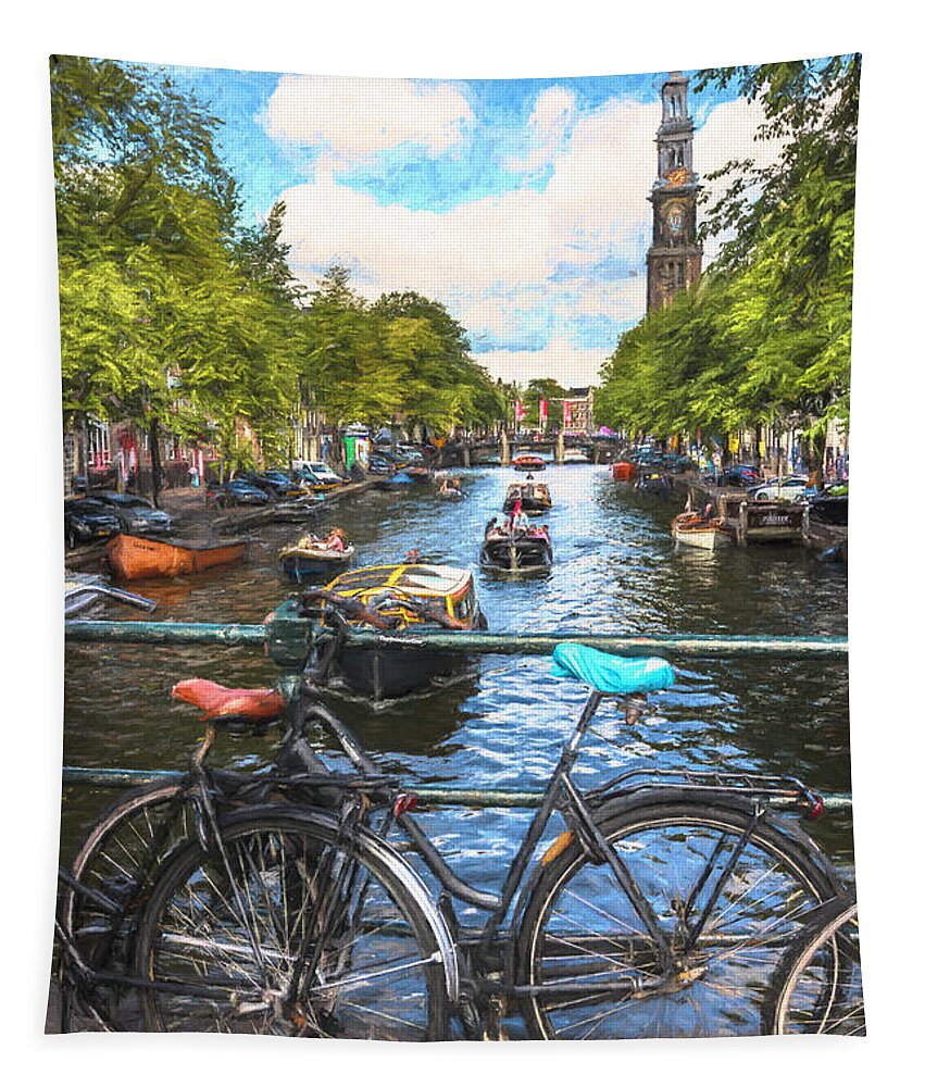 Boats Tapestry featuring the photograph Bicycles on the Canals II Painting by Debra and Dave Vanderlaan