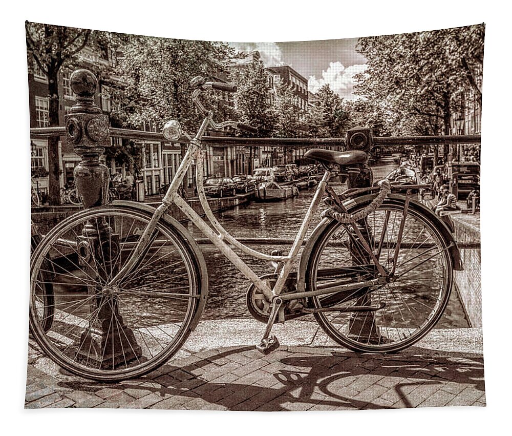 Boats Tapestry featuring the photograph Bicycles on the Canals in Vintage Sepia by Debra and Dave Vanderlaan