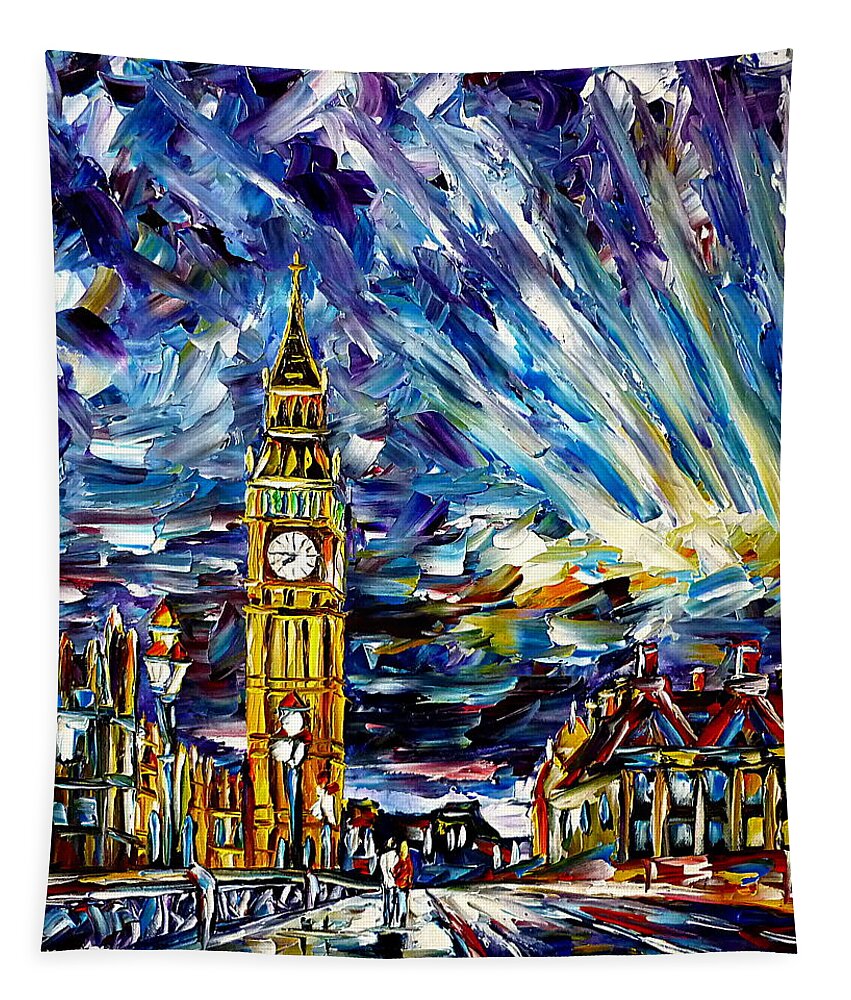 London In The Evening Tapestry featuring the painting Big Ben by Mirek Kuzniar