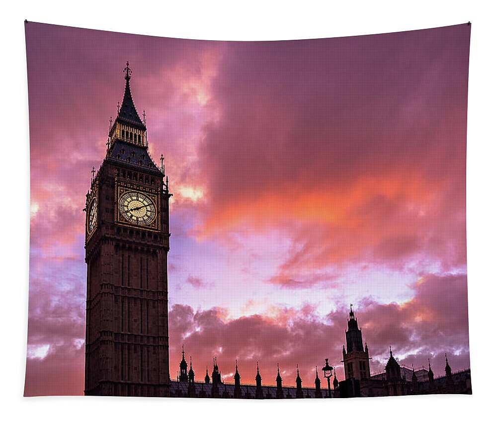 Big Ben Tapestry featuring the photograph Big Ben Sunset by Linda Villers