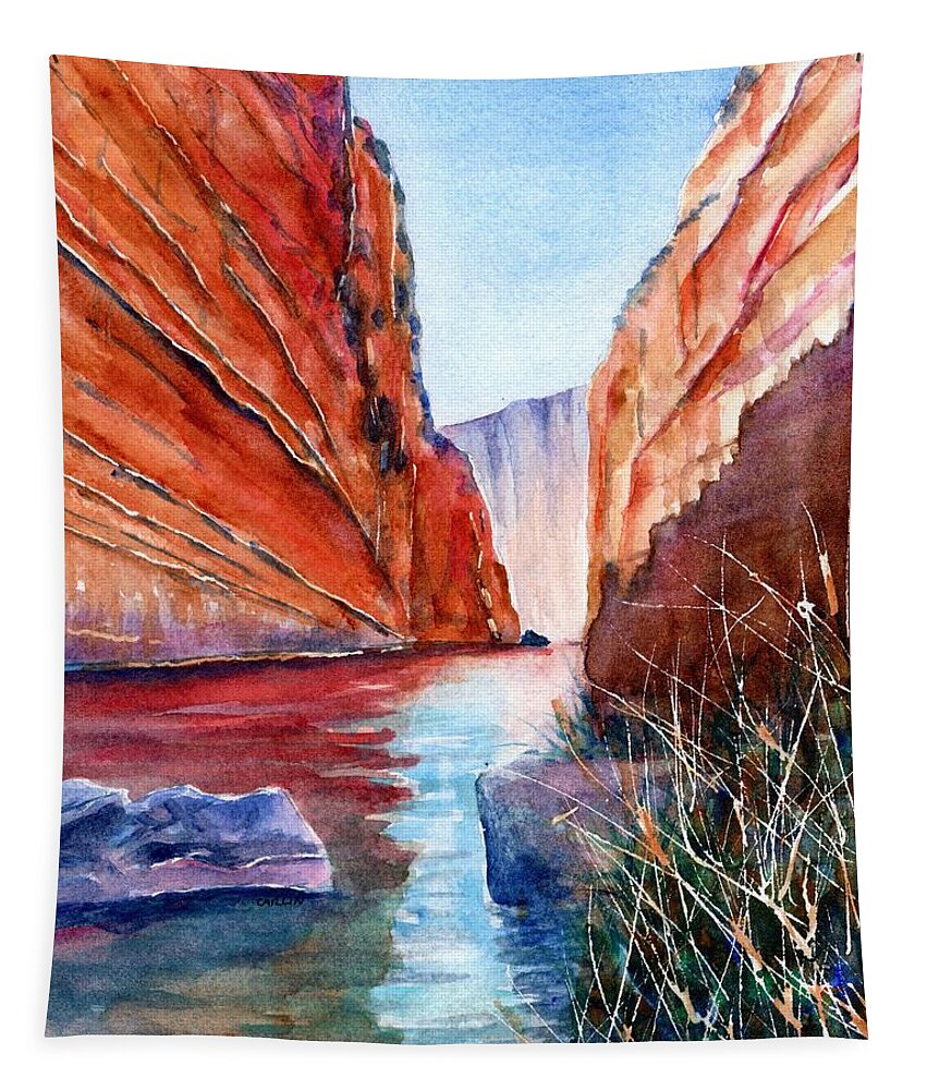 Texas Tapestry featuring the painting Big Bend Texas Santa Elena Canyon by Carlin Blahnik CarlinArtWatercolor