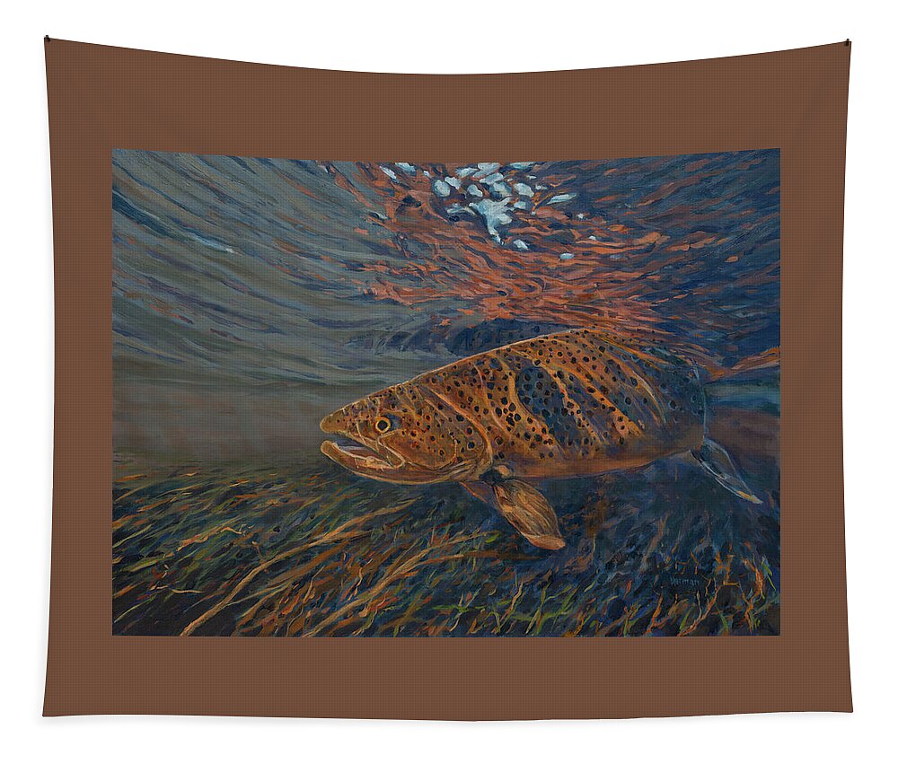 Brown Trout Tapestry featuring the painting Big Brown by Les Herman