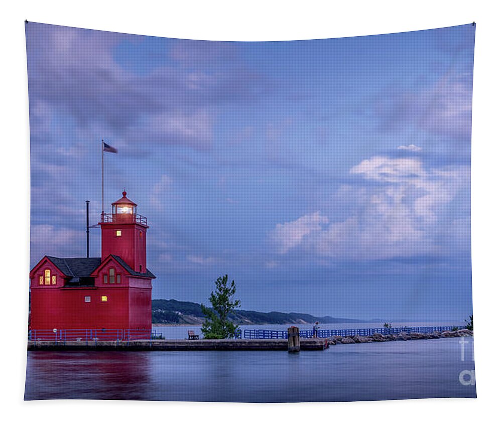 Big Red Tapestry featuring the photograph Big Red at Blue Hour With Sailboat, Holland, Michigan by Liesl Walsh