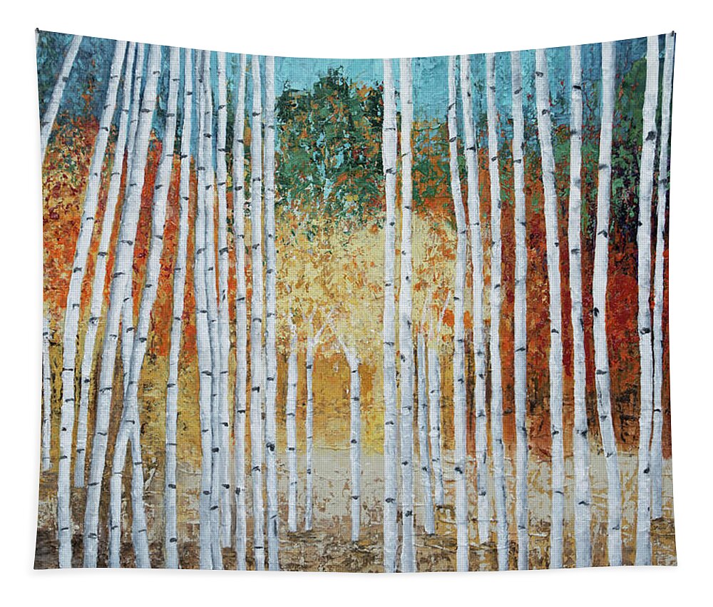 Birch Tapestry featuring the painting Birch Trees and Fall Color by Linda Bailey