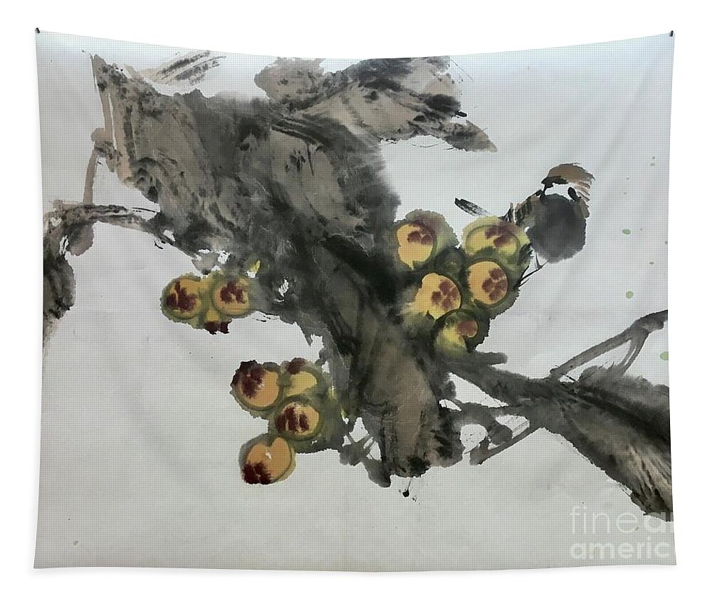 Bird Tapestry featuring the painting Bird and Loquat by Carmen Lam