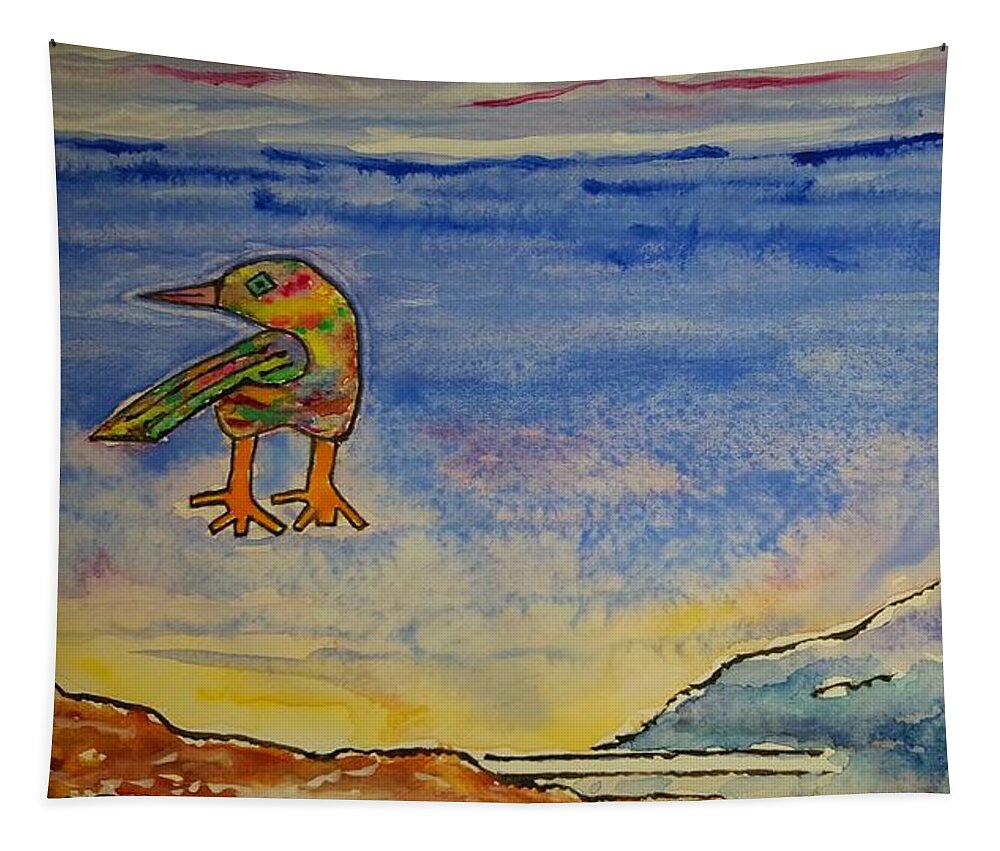 Watercolor Tapestry featuring the painting Bird and Mountain by John Klobucher