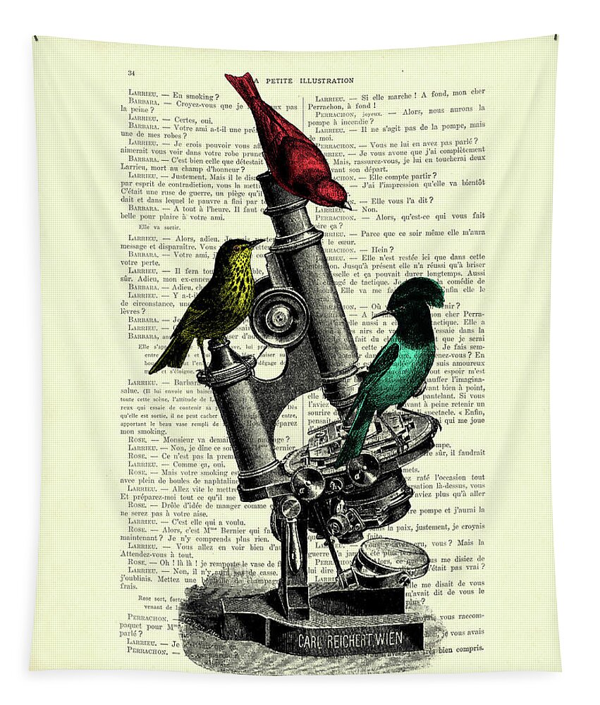 Bird Tapestry featuring the mixed media Bird Microscope by Madame Memento