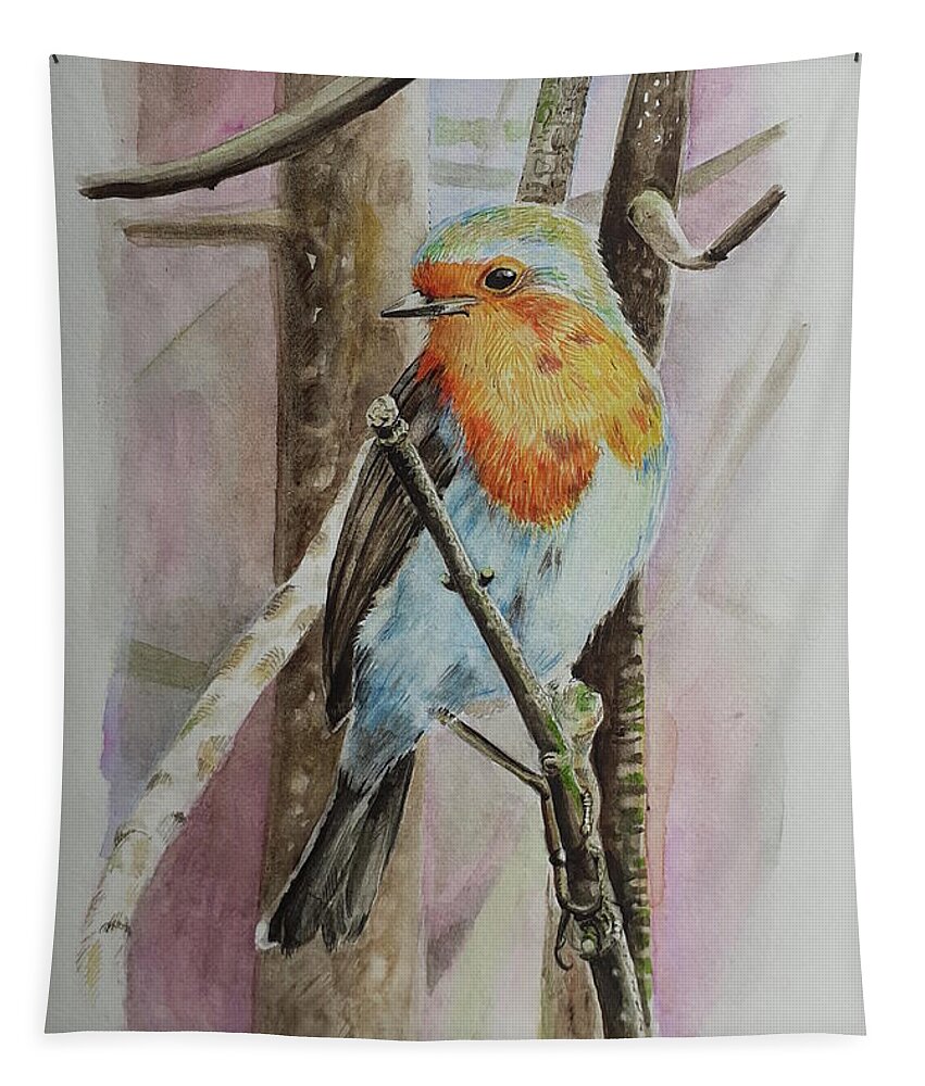 Bird Tapestry featuring the painting Bird on a tree II by Carolina Prieto Moreno