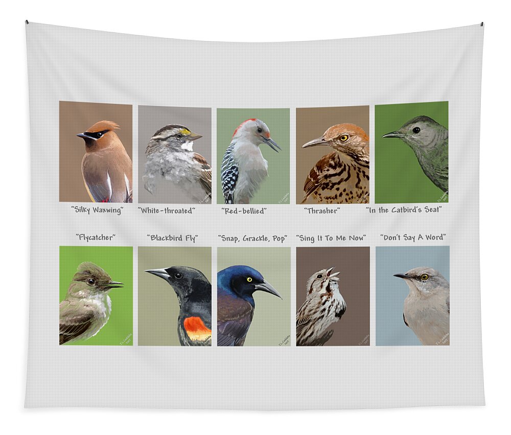 Birds Tapestry featuring the mixed media Birds En Masse 2 by Judy Cuddehe