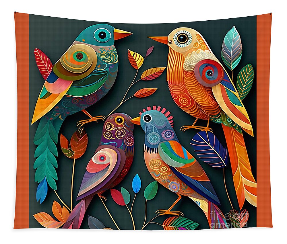 Birds Tapestry featuring the digital art Birds - Folk Art I by Jay Schankman