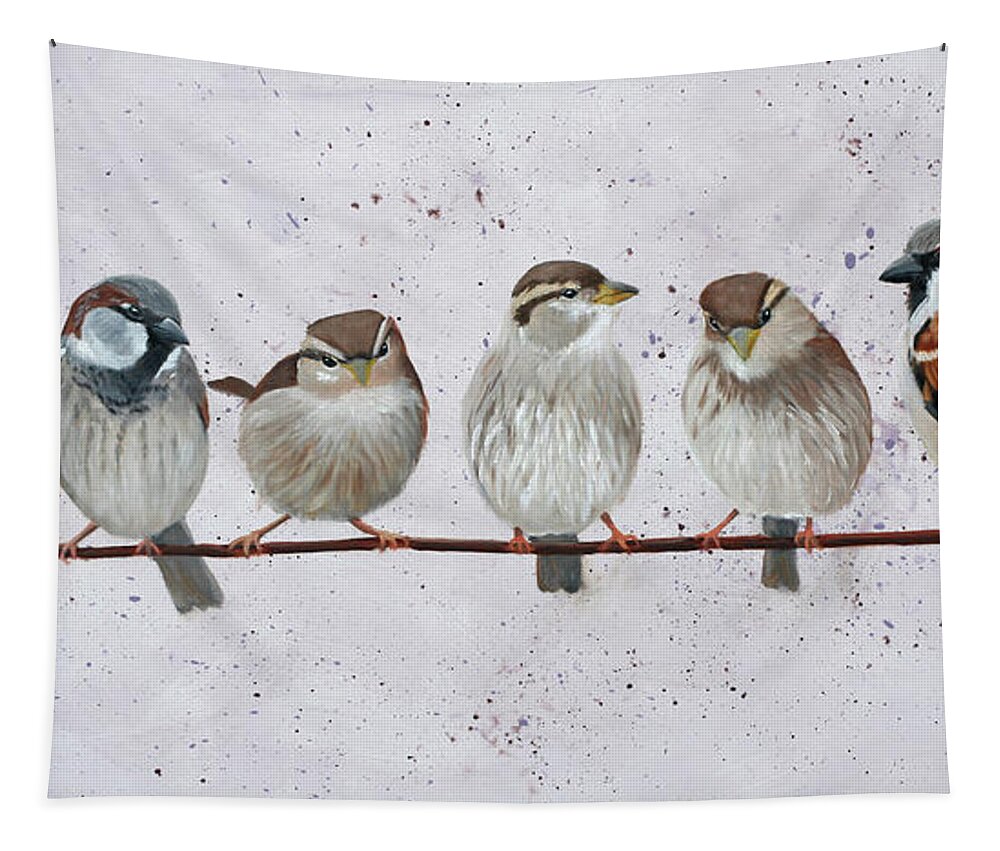 House Sparrow Tapestry featuring the painting Birds on a Wire by Julie Peterson