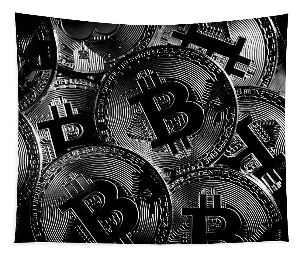 Bitcoin Tapestry featuring the photograph Bitcoin Cryptocurrency Art - Noir by Marianna Mills