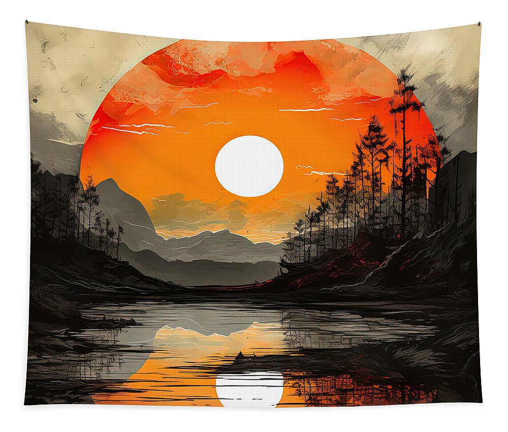 Gray And Orange Art Tapestry featuring the painting Black and Orange Silhouetted Trees Art by Lourry Legarde