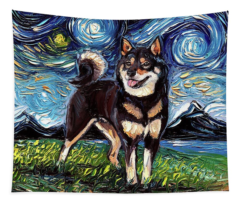 Shiba Inu Tapestry featuring the painting Black and Tan Shiba Inu Night by Aja Trier