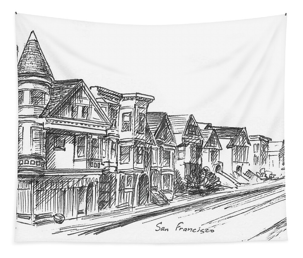San Francisco Tapestry featuring the painting Black And White Drawing Of Fulton Street San Francisco by Irina Sztukowski