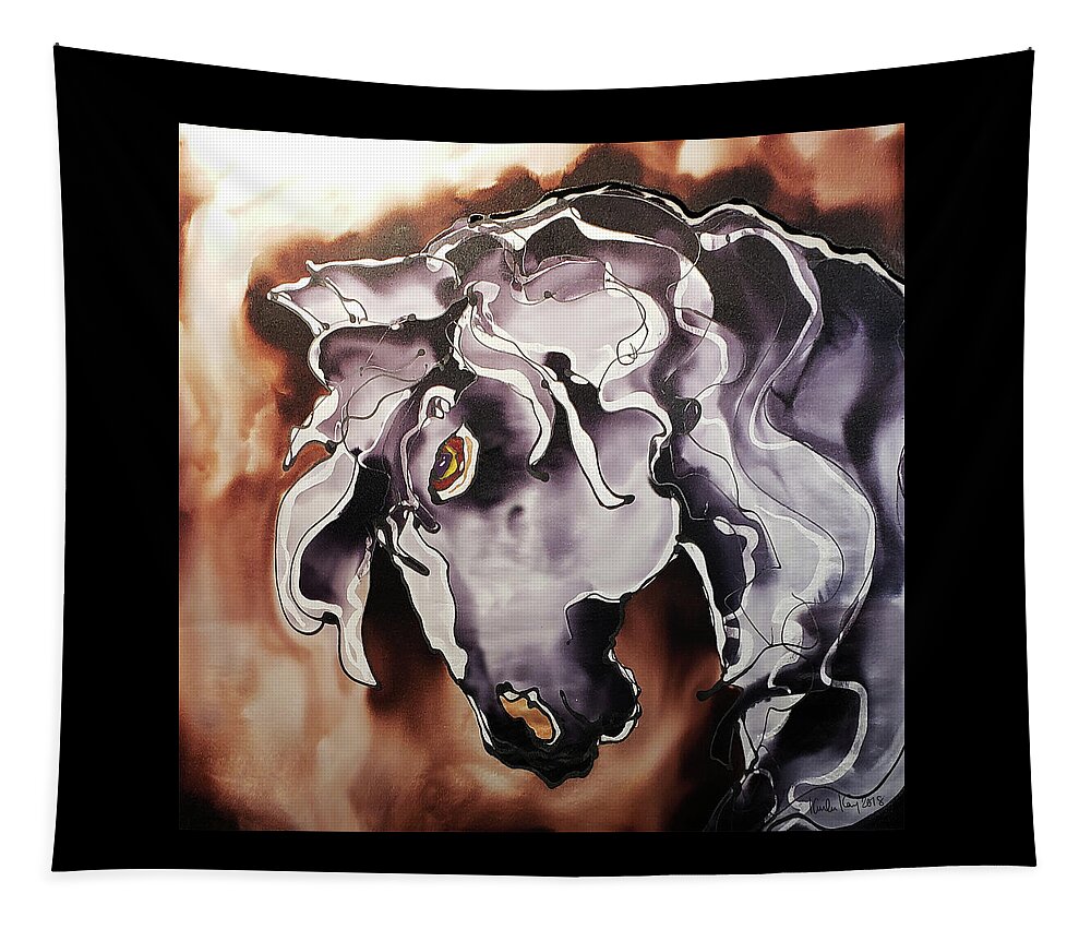 Hand Painted Silk Tapestry featuring the painting Black and white horse at dusk by Karla Kay Benjamin