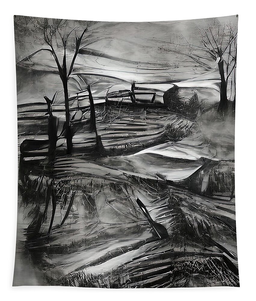 Landscape Tapestry featuring the painting Black and White Landscape 03 by AM FineArtPrints