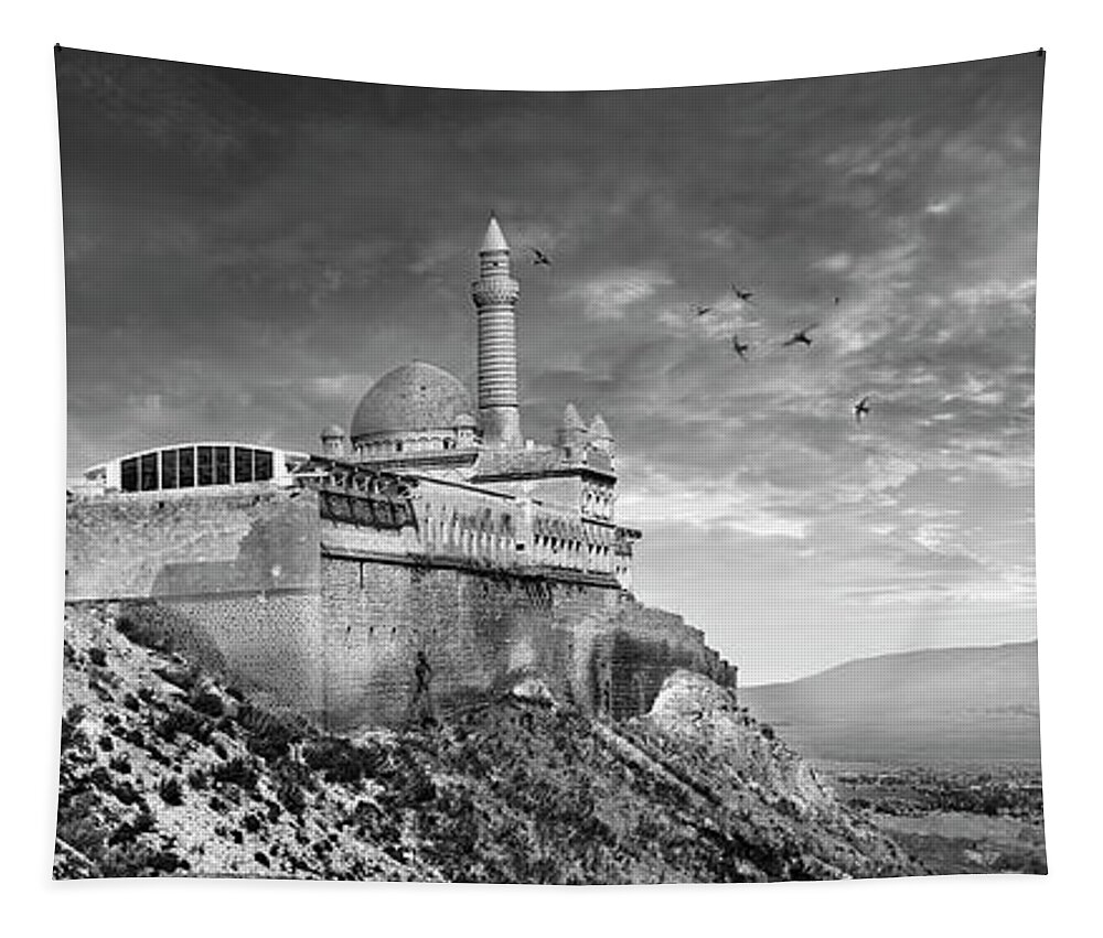 Landmark Ishak Pasha Palace Tapestry featuring the photograph Sacred Stone - Black and white photo of the Ishak Pasha Palace by Paul E Williams
