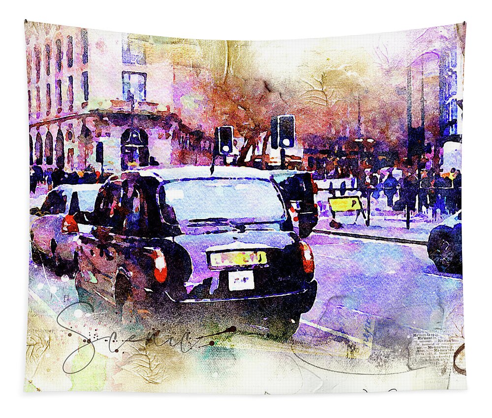 London Tapestry featuring the mixed media Black Cab on Streets of London by Nicky Jameson