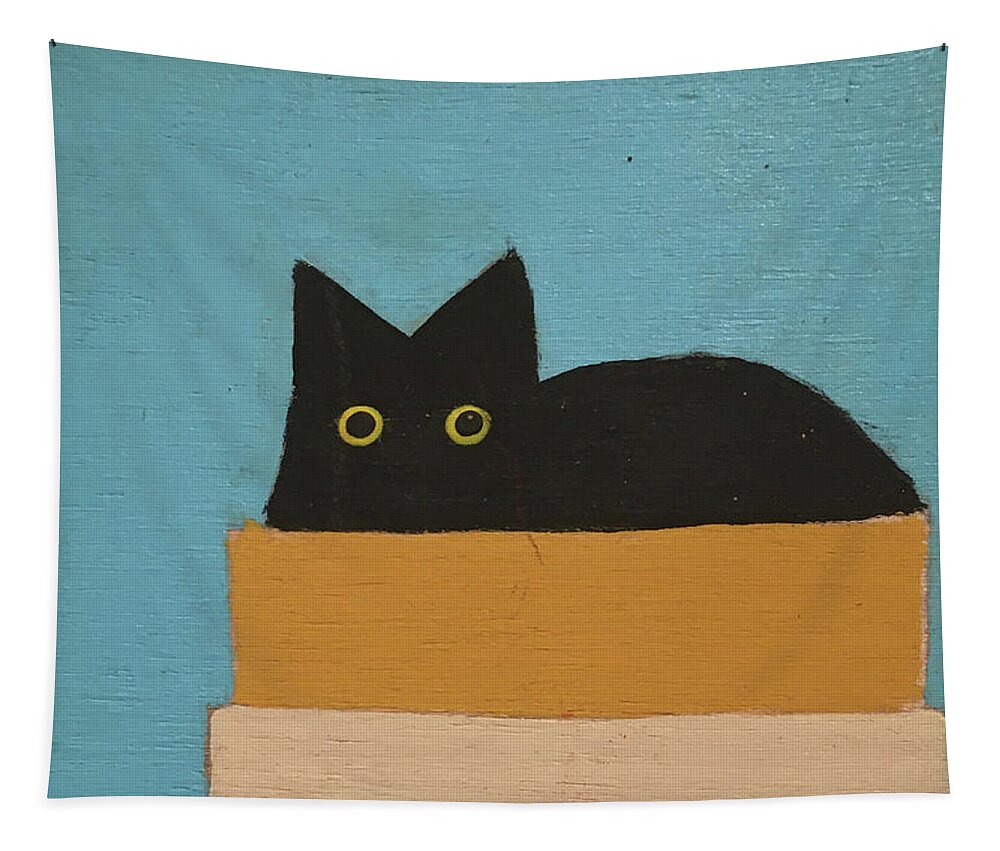 Black Cat Tapestry featuring the painting Black cat in box blue by Sherry Rusinack