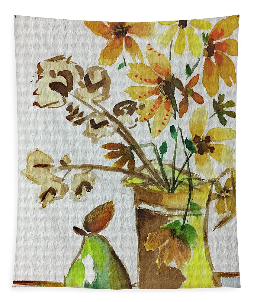Still Life Tapestry featuring the painting Black eyed Susans and a Pear by Roxy Rich