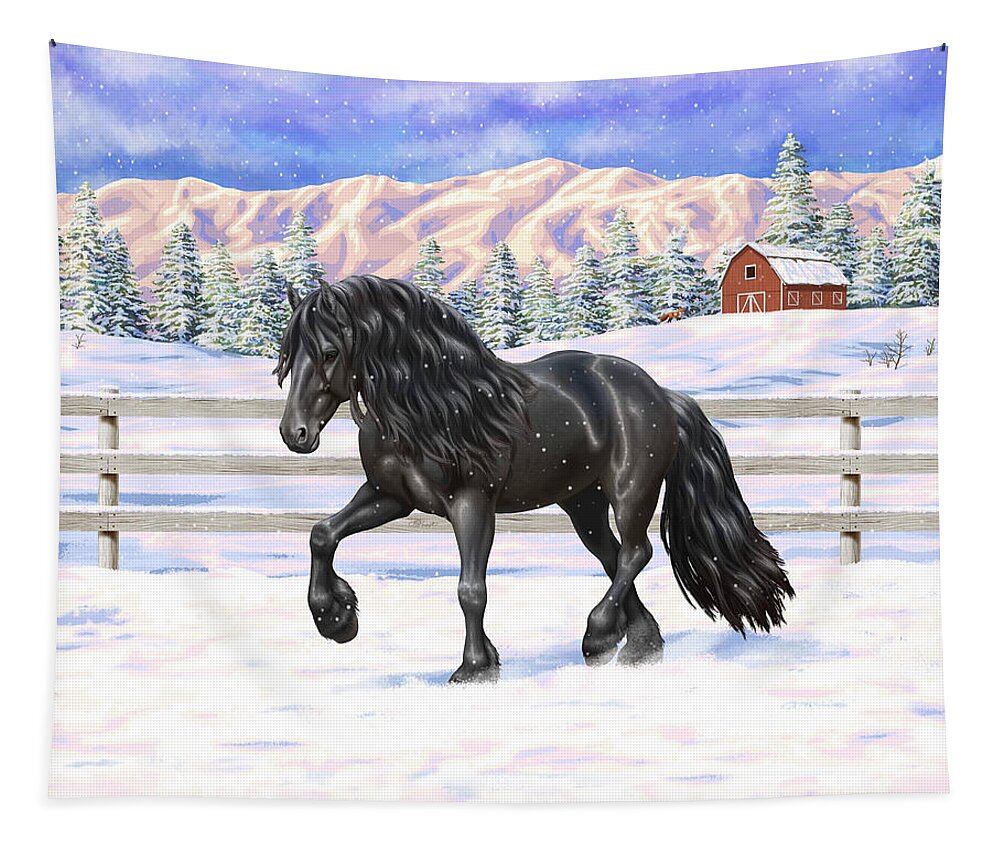 Horses Tapestry featuring the painting Black Friesian Horse In Snow by Crista Forest