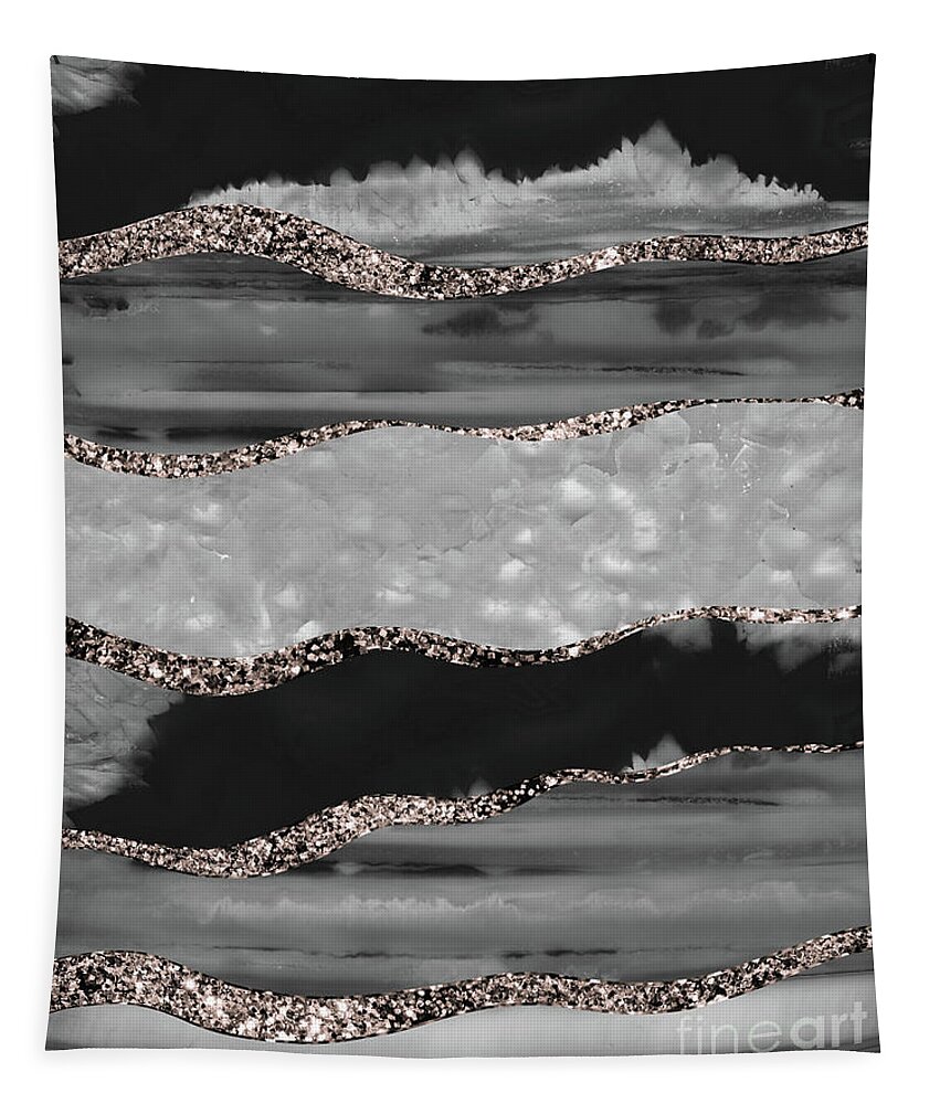 Collage Tapestry featuring the mixed media Black Gray White Agate Rose Gold Glitter Stripe Glam #1 Faux Glitter #gem #decor #art by Anitas and Bellas Art