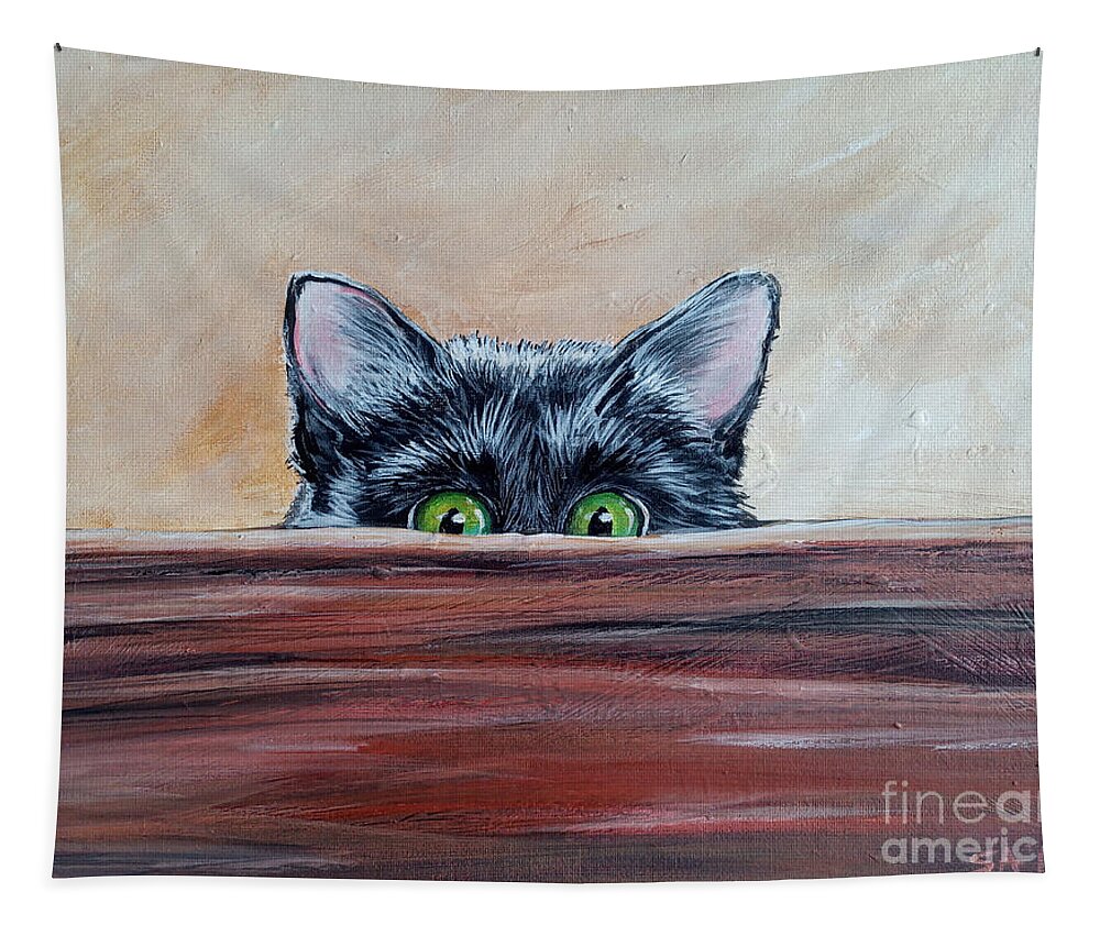 Cat Tapestry featuring the painting Black Kitten Hidding Wooden Board acrylic by Sonya Allen by Sonya Allen