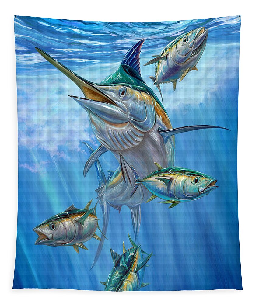 Black Marlin Tapestry featuring the painting Black Marlin And Albacore by Terry Fox