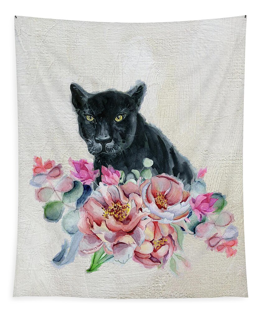 Black Panther Tapestry featuring the painting Black Panther With Flowers by Garden Of Delights