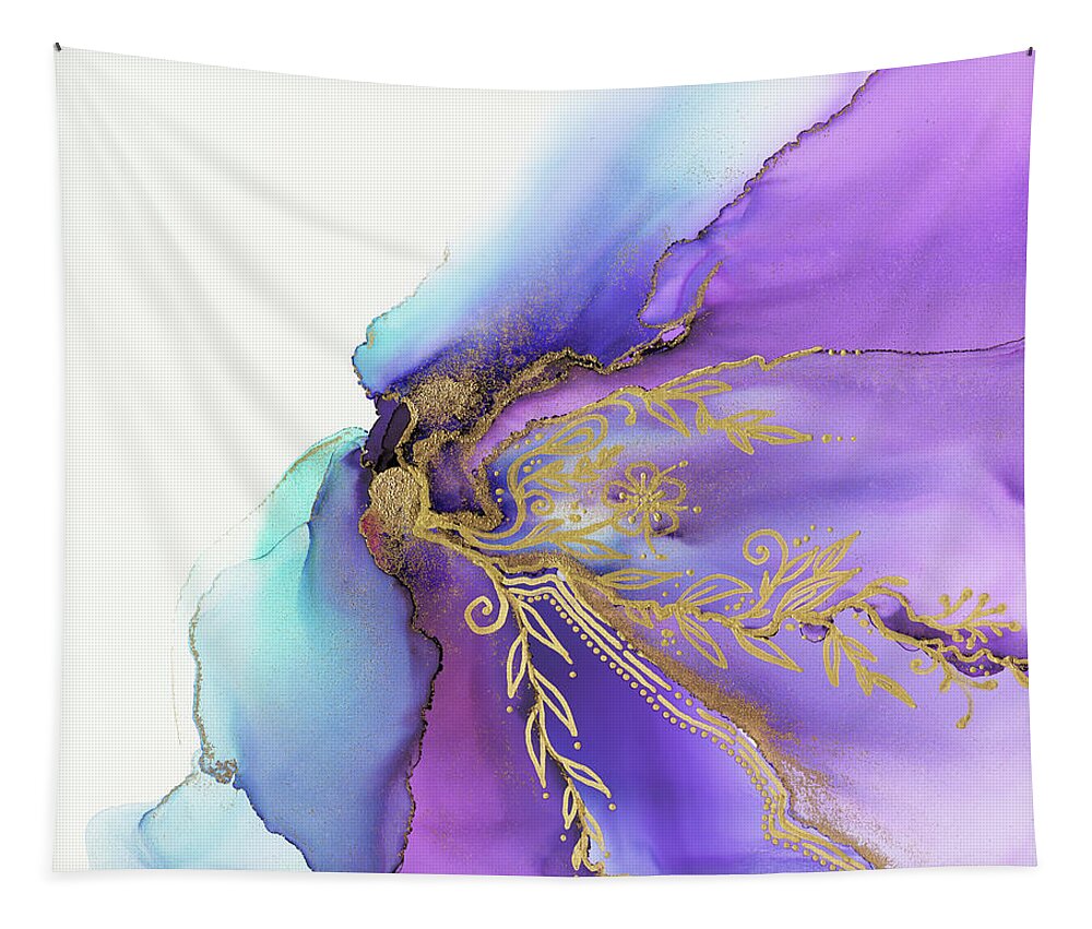 Alcohol Ink Tapestry featuring the painting Blooming Gold Iris by Olga Shvartsur