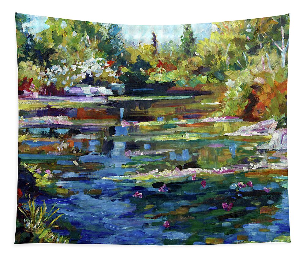 Landscape Tapestry featuring the painting Blooming Lily Pond by David Lloyd Glover