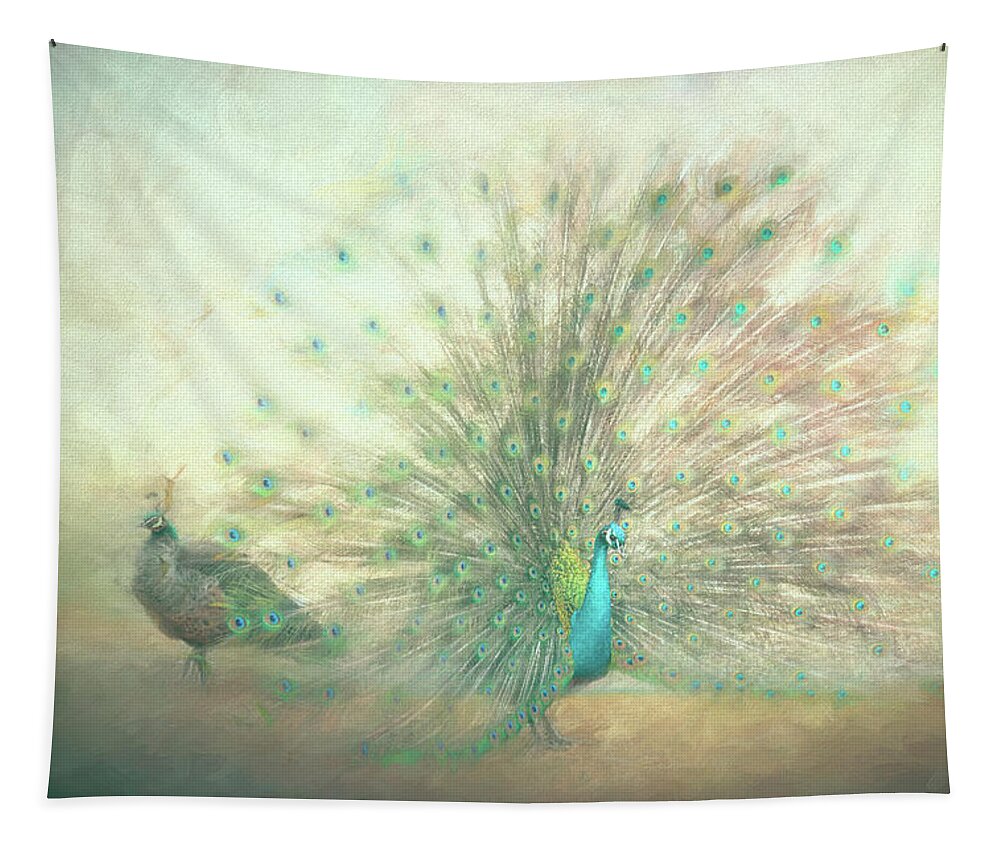 Peacock Tapestry featuring the painting Blooming Peacock in Mint Green by Jai Johnson