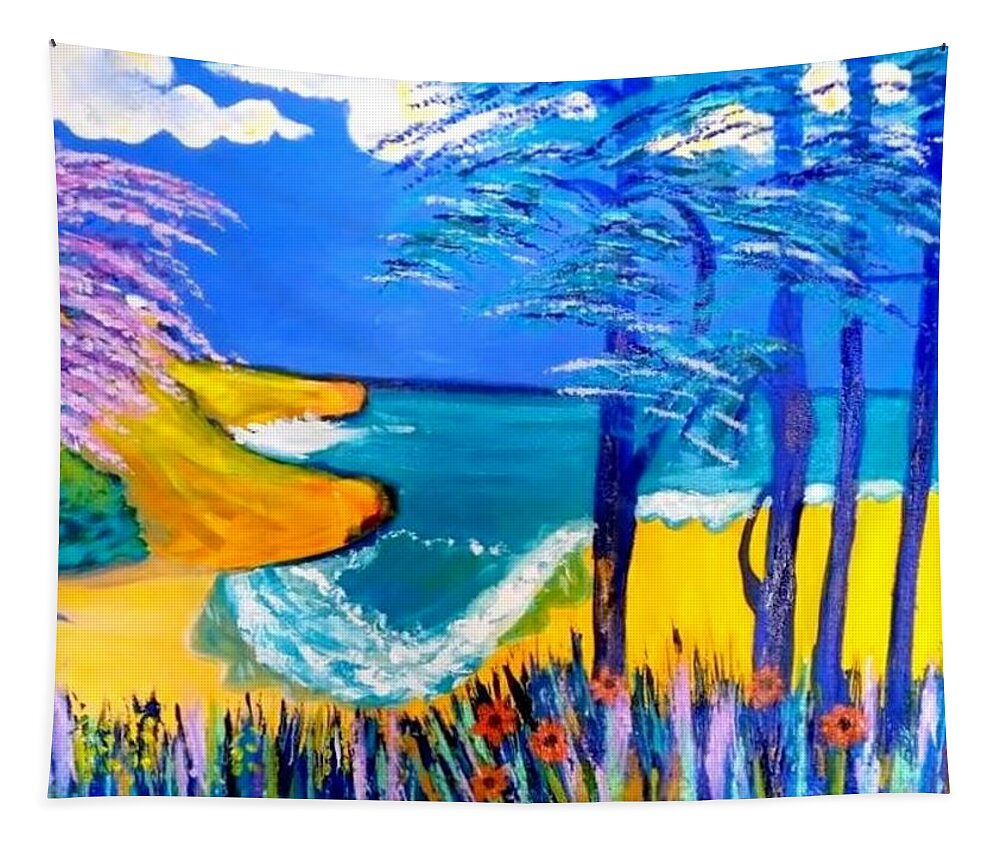 Wales Tapestry featuring the painting Blossom on Caswell Bay by Rusty Gladdish