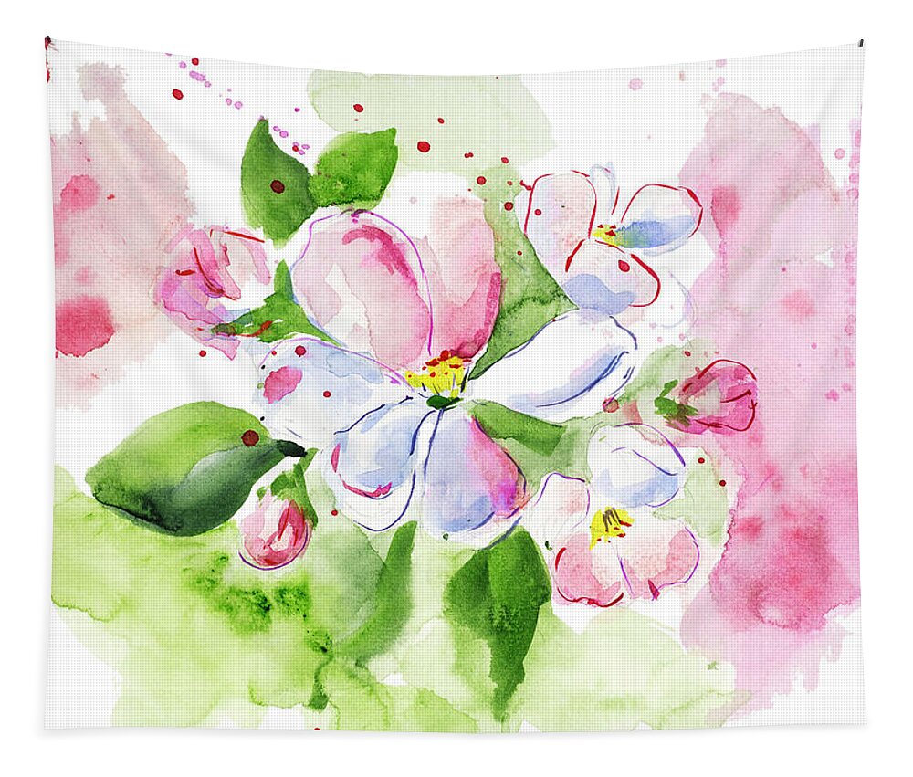 Nature Tapestry featuring the painting Blossoming Apple Tree Branch 01 by Miki De Goodaboom