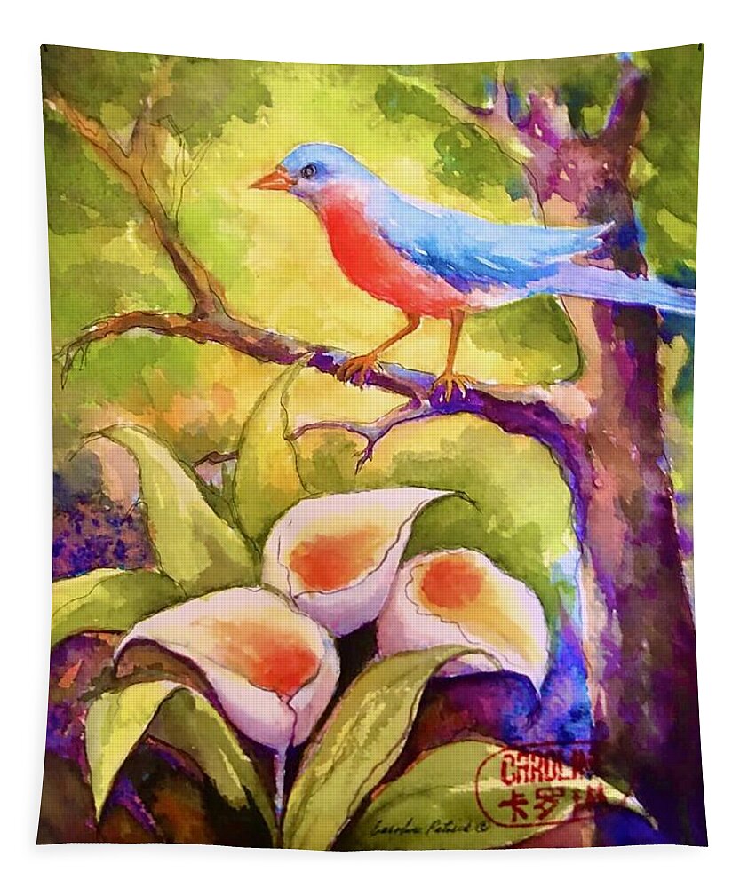 Blue Bird Speaking Tapestry featuring the painting Blue Bird whispers by Caroline Patrick