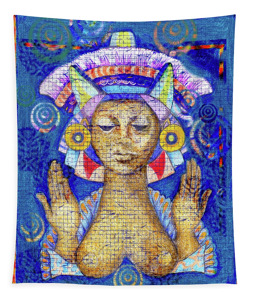 Goddess Tapestry featuring the mixed media Blue Cat Goddess by Lorena Cassady