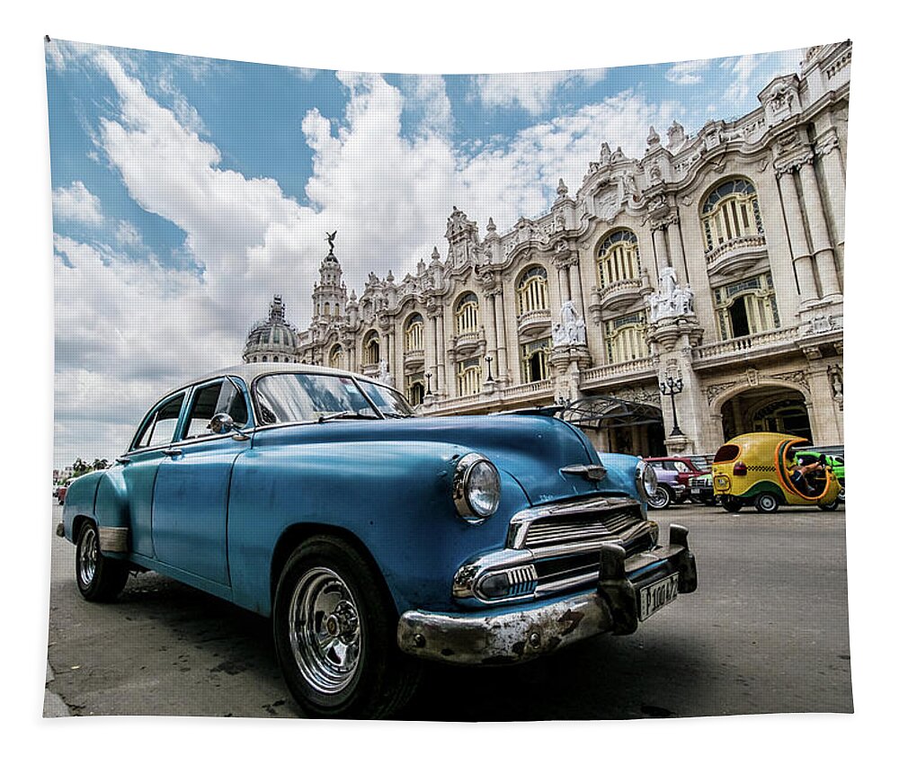 Cuba Tapestry featuring the photograph Blue Chevrolet, Havana. Cuba by Lie Yim
