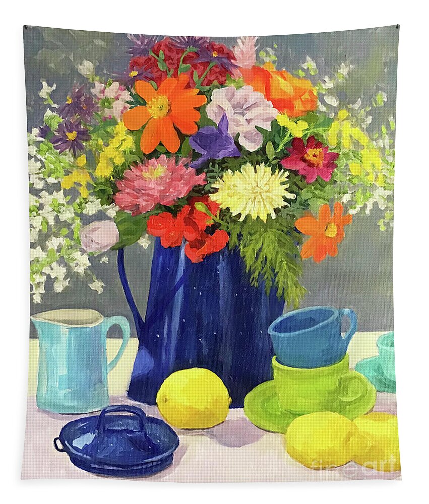 Blue Tapestry featuring the painting Blue Coffeepot Bouquet by Anne Marie Brown