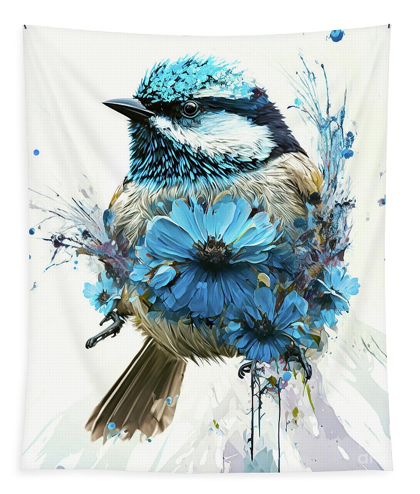Black Capped Chickadee Tapestry featuring the painting Blue Daisy Chickadee by Tina LeCour