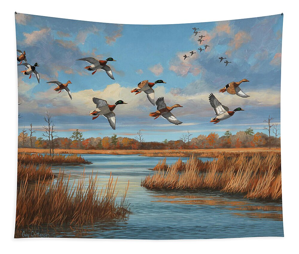 Mallard Paintings Tapestry featuring the painting Blue Day Mallards by Guy Crittenden
