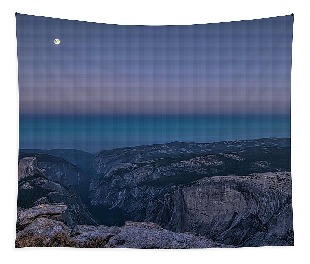 Landscape Tapestry featuring the photograph Full Moon Blue Hour at Clouds Rest by Romeo Victor