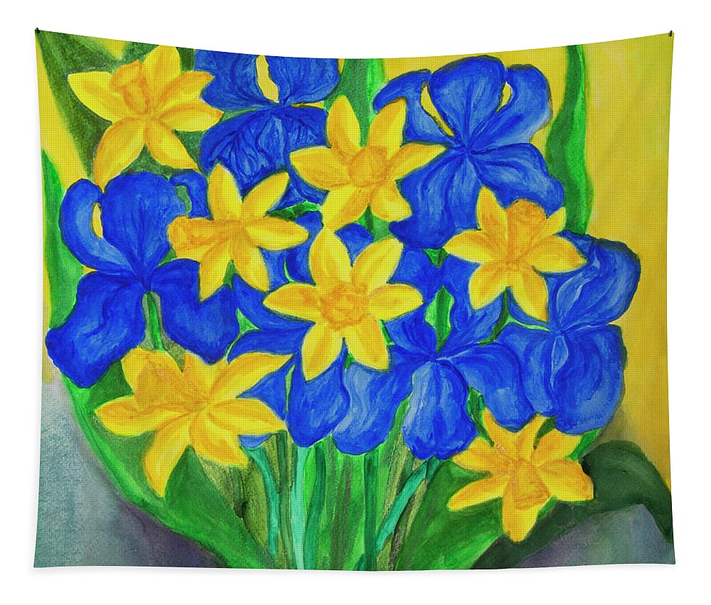 Flower Tapestry featuring the painting Blue irises and yellow daffodiles by Irina Afonskaya