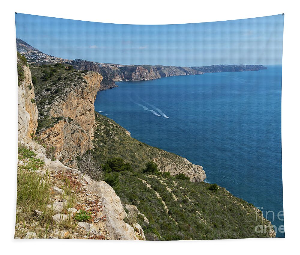 Mediterranean Sea Tapestry featuring the photograph Blue Mediterranean Sea and limestone cliffs by Adriana Mueller