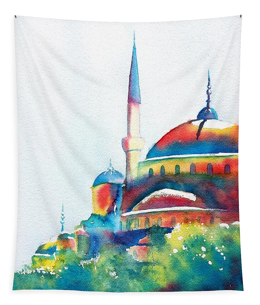 Mosque Tapestry featuring the painting Blue Mosque Sun Kissed Domes by Carlin Blahnik CarlinArtWatercolor