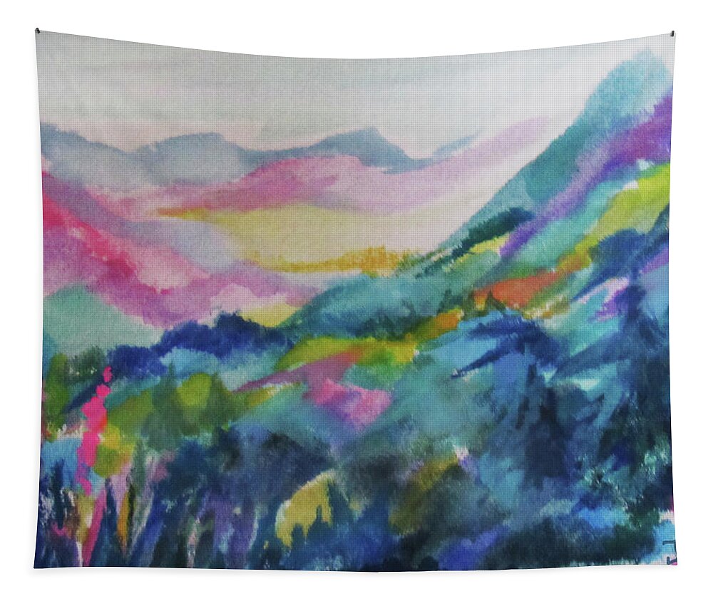 Colorful Watercolor Tapestry featuring the painting Blue Mountain Valley by Jean Batzell Fitzgerald