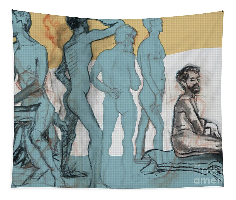 Male Nude Tapestry featuring the mixed media Blue Nude by PJ Kirk