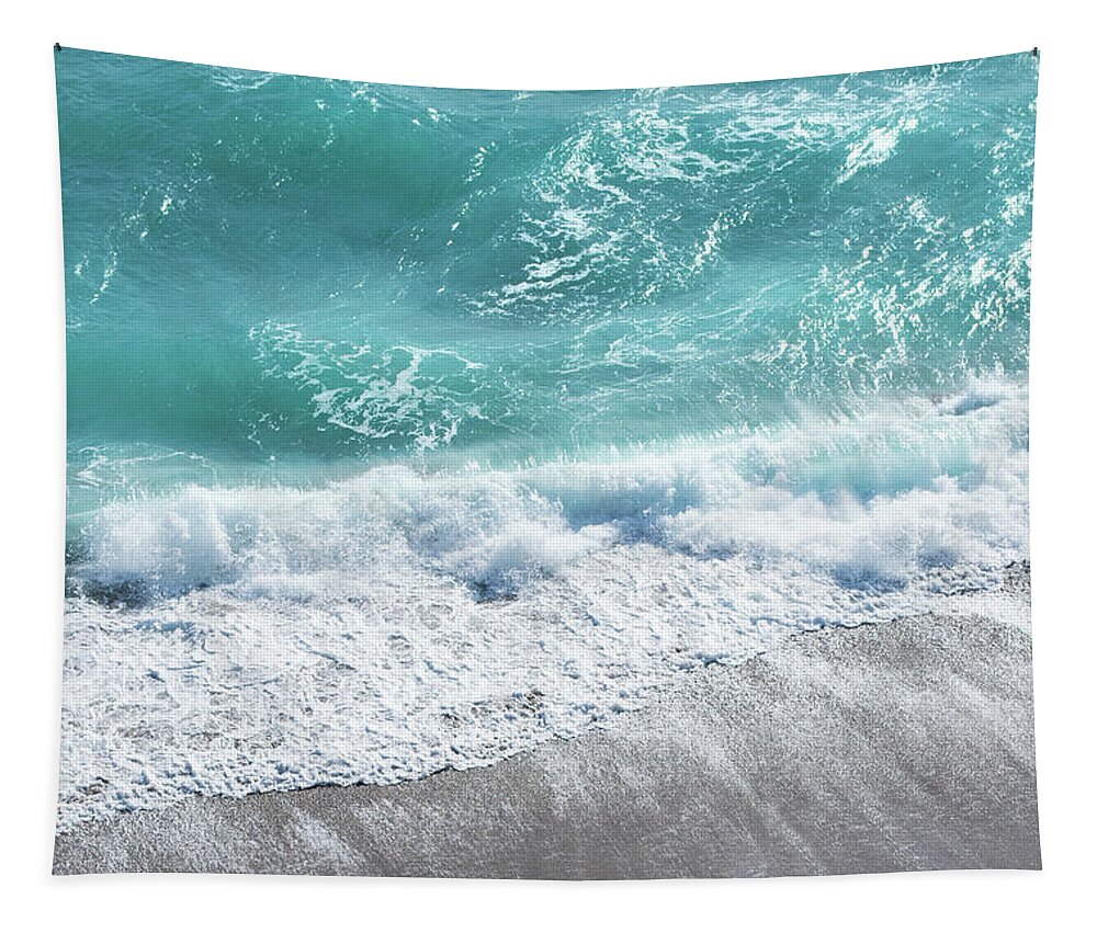 Beach Tapestry featuring the photograph Blue Ocean Breaking Waves Aerial by Laura Fasulo